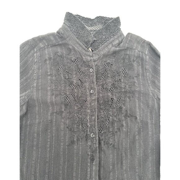 Free People dark Grey Long Sleeve Shirt Lace 100% cotton blouse collard sexy - Picture 11 of 13